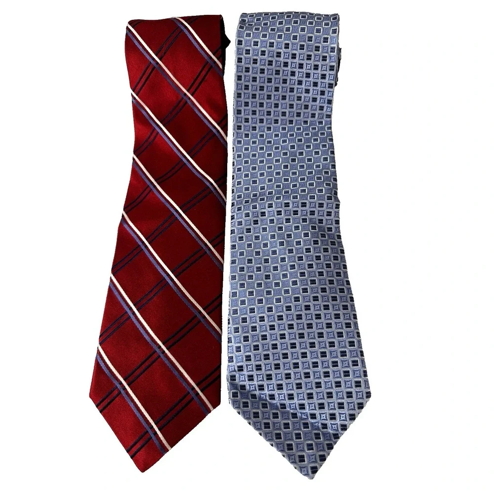 Tommy Hilfiger 2 Silk Ties Red Blue Geometric Striped Print Preppy Nautical Work